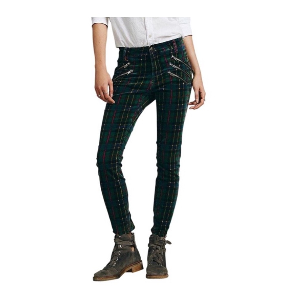 Free People Plaid Velvet Zipper Detail Skinny Pant